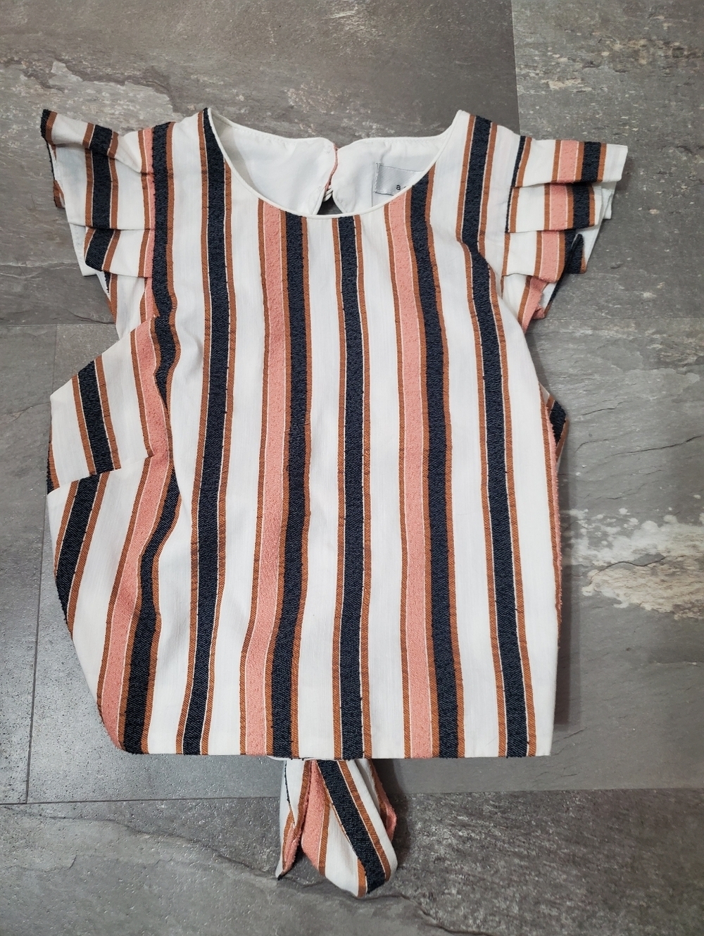 Adelyn Rae Striped Ruffle Open-Back Tie-Front Crop Top in Pink, Navy & White. S.